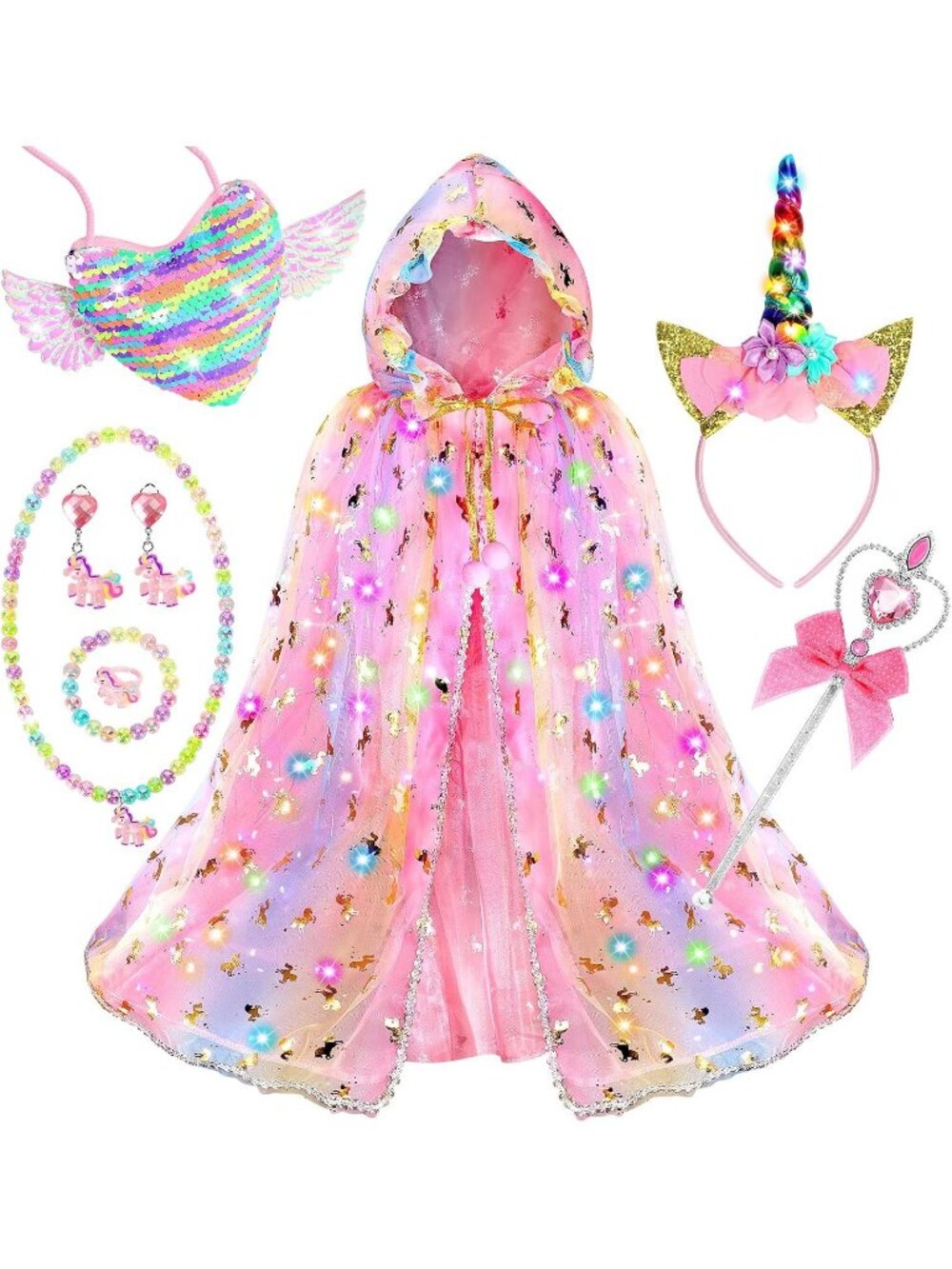Pink Unicorn Princess Dress Up Set Light Up Cape Costume Girls Ages 3-8